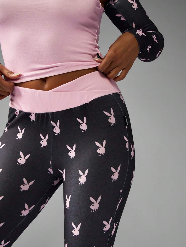 Missguided x Playboy Christmas Long Sleeve Tank Top With Flared Pants Bunny Print Set