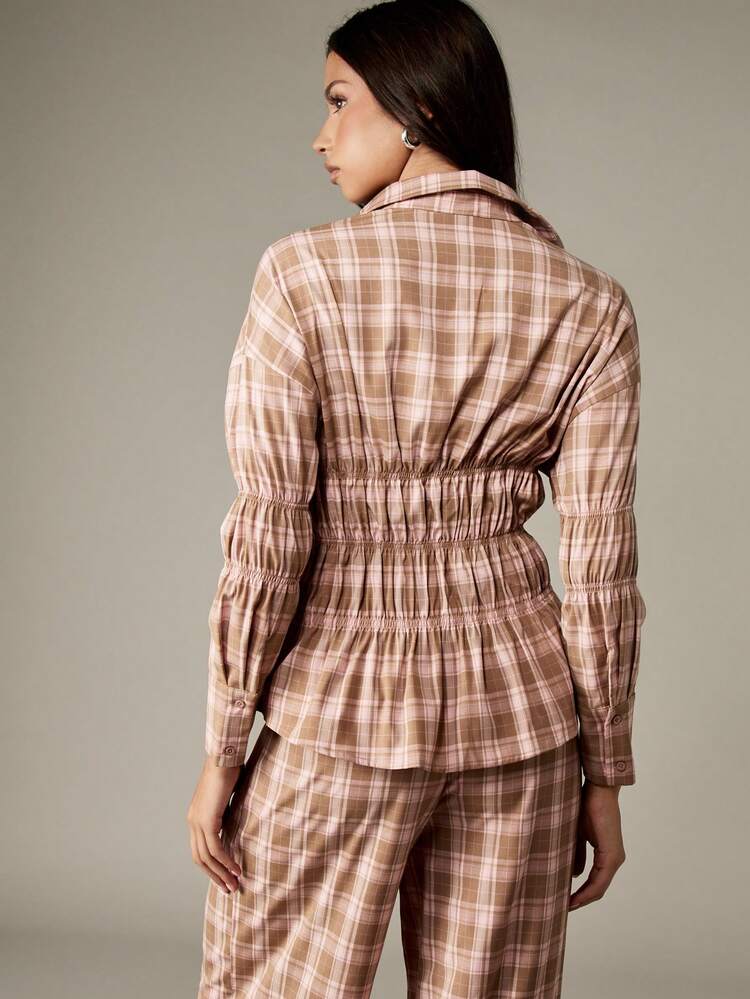 MISSGUIDED Blusa a cuadros elegante con detalle de cintura fruncida, camisa de manga larga con cuello, uso casual de oficina y profesional para otoño e invierno