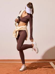 CourtClass Solid Color Cross-Wrap Long Sleeve Top And Contrast Color Waist Long Pants Casual Versatile Yoga Activewear Set