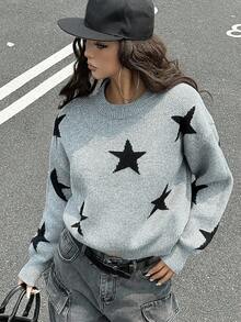 DAZY 女式宽松圆领印花街头风毛衣秋季 - 灰色 - 查看 12