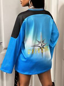 BamGleam Fashionable Color Block Numeric Print Long Sleeve Breathable T-Shirt Fall Cloth For Women - Blue - View 2