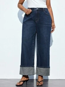 Maija 加大码高腰直筒牛仔裤，卷边裤脚，九分裤，舒适松紧腰带，复古牛仔秋季女装 - 深色水洗藍 - 查看 7