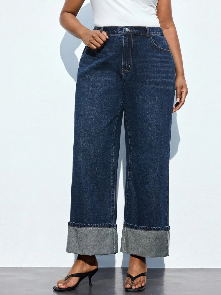 SHEIN Maija Plus Size High Waist Straight Jeans With Folded Hems, Ankle Pants, Comfortable Elastic Waistband, Retro Denim Fall Women Clothes