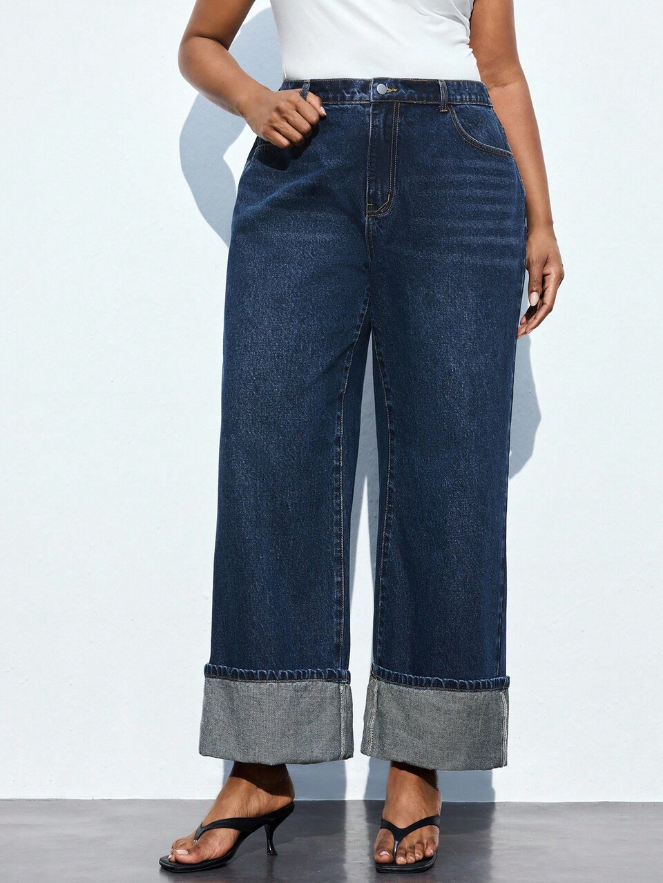 SHEIN Maija Plus Size High Waist Straight Jeans With Folded Hems, Ankle Pants, Comfortable Elastic Waistband, Retro Denim Fall Women Clothes
