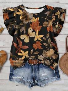 EMERY ROSE Plus Size Butterfly Leaf Print Women's Black,Summer,Boho,Everyday Daily Casual Elegant Round Neck Double Layer Flutter Sleeve Loose Shirt Blouse - Multicolor - View 3