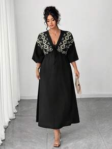 Elenzga Robe longue maxi pour femmes grandes tailles, col V décontracté, à nouer, imprimé floral jaune, manches 3/4, mélange de coton et lin