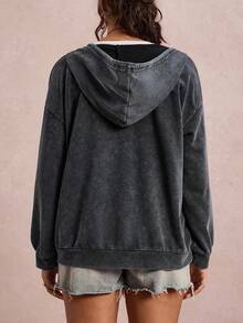 SHEIN LUNE Plus Size Casual Distressed Snowflake Hooded Jacket Oversized Zip Up Hoodie Grey Jacket Grunge Fall Winter For Going Out - Blue - View 3