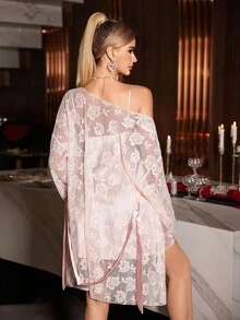 SilkySpell Embroidered Lace Patchwork Sexy Camisole Nightgown And Lace Sheer Robe 2 Pieces Set - Pink - View 5