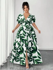 Elenzga Vestido elegante con cuello en V y estampado floral para mujer, primavera/verano - Verde - Ver 1