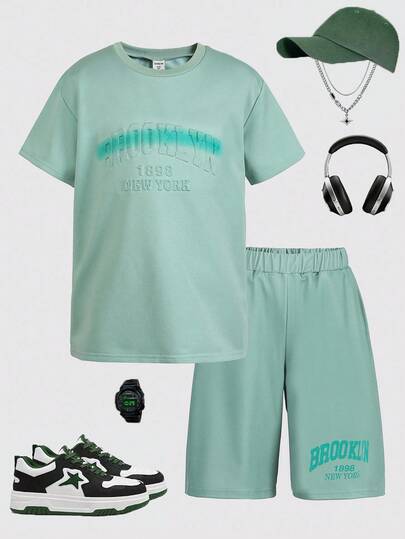 2pcs/Set Boys' Gradient Letter Print Round Neck Short Sleeve T-Shirt And Loose Letter Print Shorts Set, Comfortable Fabric Suitable For Daily Casual, Party, School, Concert, Beach Holiday