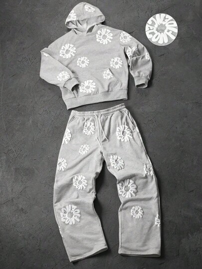 Manfinity Roughcore Conjunto de moletom com capuz e calça de moletom com estampa de letras masculinas, roupas de outono