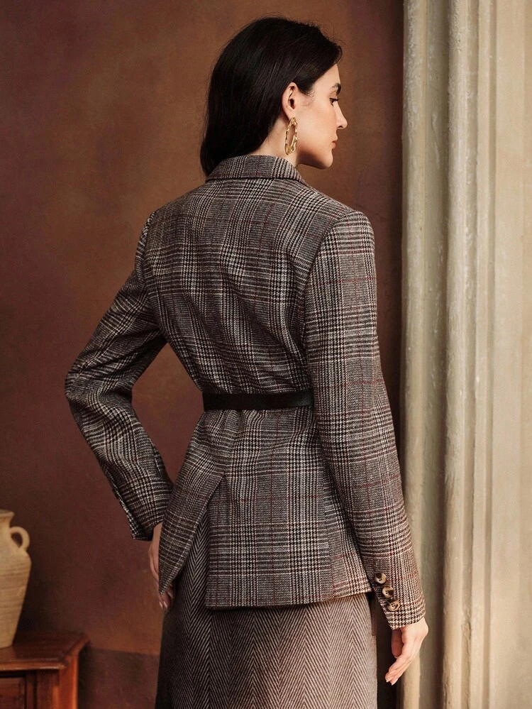 Autumn/Winter New Urban Retro Plaid Lapel Long Sleeve Women's Blazer Jacket With Belt