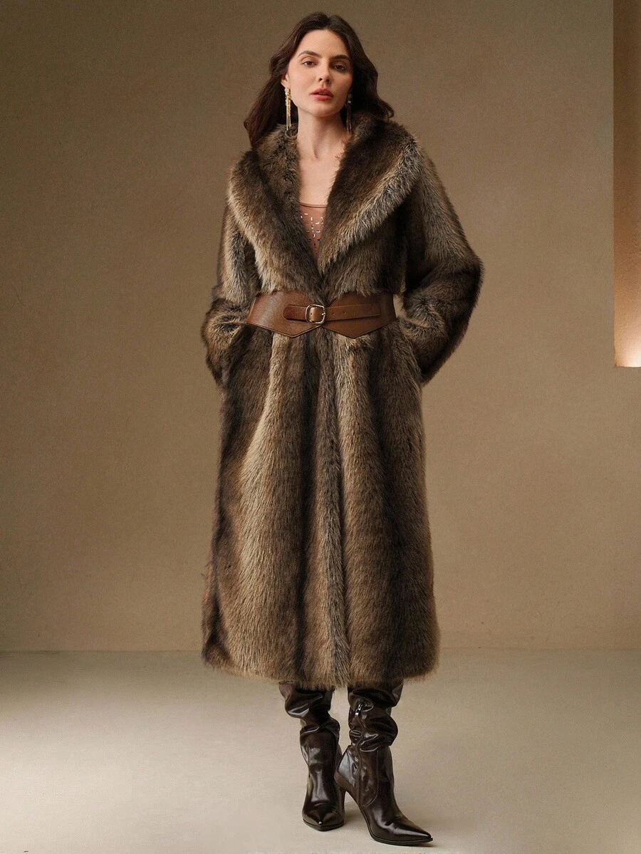 Anewsta معطف فرو صناعي فضفاض طويل ناعم وفاخر مخطط للنساء في فصل الخريف/الشتاء - بني - مشاهدة 1