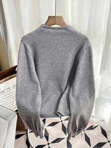 Franclia Floral Decor Knitted Sweater, Solid Color Loose Casual Lantern Sleeve Pullover For Women, Autumn/Winter Fall Cloth For Women - Grey - View 2