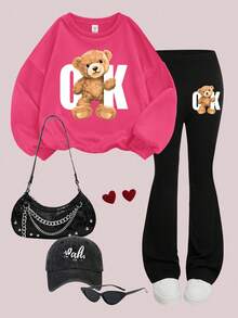 SHEIN Leap Crew 2 Stücke Tween Mädchen Outfit mit Strick Rundhals Pullover mit Buchstaben Grafik, locker geschnitten, und weite Bein Hose, Lässig - Verschiedenfarbig - Übersicht 1