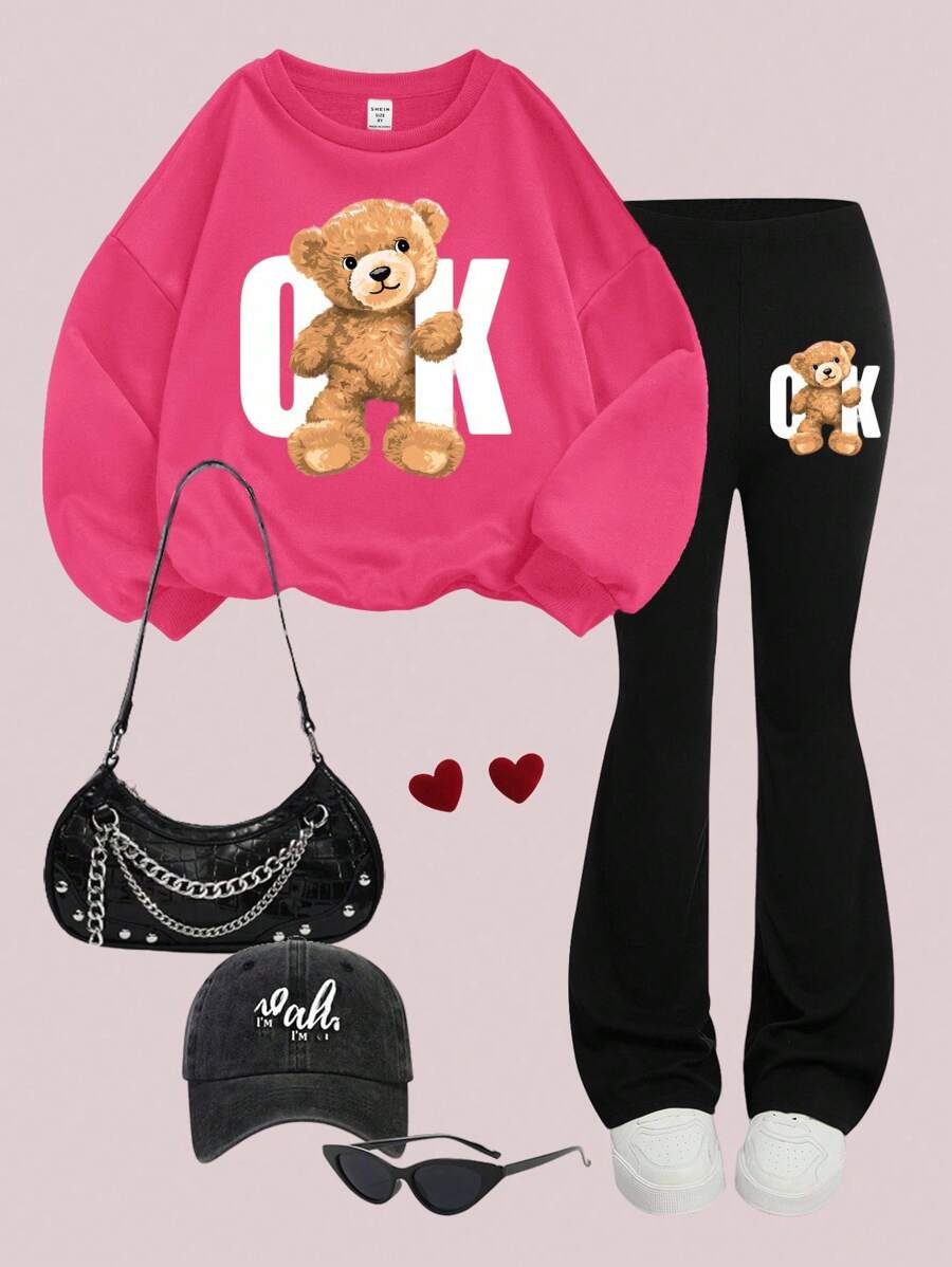 SHEIN Leap Crew 2 Stücke Tween Mädchen Outfit mit Strick Rundhals Pullover mit Buchstaben Grafik, locker geschnitten, und weite Bein Hose, Lässig - Verschiedenfarbig - Übersicht 1