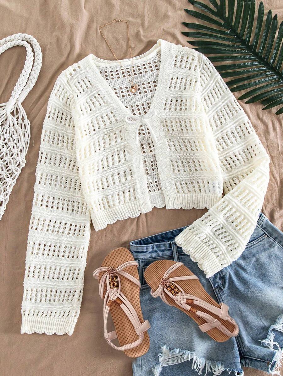 SHEIN 青少年女孩镂空针织开衫，舒适百搭，适合居家、休闲外出、海滩度假、派对，材质柔软 - 白色 - 查看 1