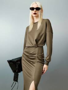 Airlisse Women's Side Slit Twist Pleated Sweatshirt Dress, Elegant For Vacation - Gray green - View 2