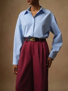 Vesra 女士休闲/商务宽松落肩长袖纯色衬衫，适合春秋季节 - 淺藍色 - 查看 5