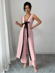 Selianne Bộ quần ống rộng không tay cổ chữ V hở phía trước thời trang & thanh lịch cho phái nữ trẻ, mùa xuân/hè - Hồng - Xem 6