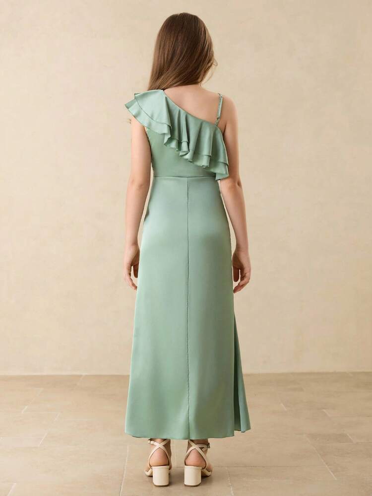 Flower Girl & Big Girl Satin One-Shoulder Ruffle Mermaid Split Dress, High-End Formal Gown For Wedding, Christmas, Halloween, Party, Graduation - Green - View 2