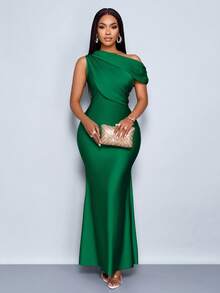 SOLERSUN 夏季女士婚礼派对优雅杏色针织亮面面料不对称露肩无袖拼接收腰修身鱼尾裙摆长裙 - 墨綠色 - 查看 7