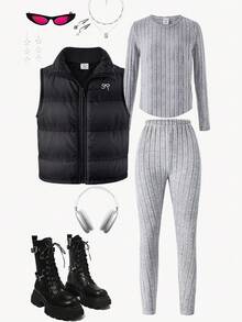 Girls Casual Fashion Quilted High Collar Zip-Up Cardigan With Bow Embroidery, Paired With Ribbed Crew Neck Long Sleeve Top And Pants, Comfortable 3 Pieces Set Fall Winter - Multicolor - View 1