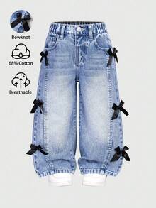 Elladie kids 女童（小号）破洞复古时尚个性前片开叉漂白牛仔阔腿牛仔裤，带 3D 蝴蝶结，百搭四季蓝色休闲裤 - 藍色 - 查看 2