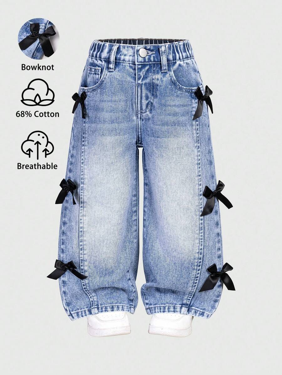 Elladie kids 女童(小号)破洞复古时尚个性前片开叉漂白牛仔阔腿牛仔裤,带 3D 蝴蝶结,百搭四季蓝色休闲裤 - 藍色 - 查看 1