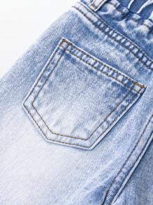 女童休闲牛仔裤，甜美蝴蝶贴花和刺绣设计，中腰修身蓝色牛仔裤 - 藍色 - 查看 5