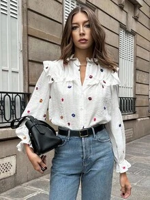 Pariaura Women's Colorful Floral Embroidered Long Sleeve Shirt Fall Cloth For Women - White - View 3