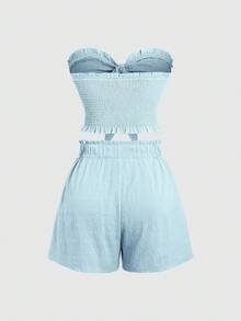 Sweetra Bộ 2 món áo crop top xoắn màu trơn và quần short cạp chun bằng túi giấy, bó sát - Màu xanh nhạt - Xem 2