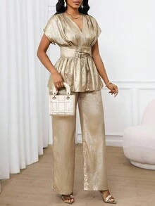 SHEIN Lady Women's Two Pieces Suits Elegant Gold Hot Stamping Fabric Tops And Wide-Leg Pants Casual Suits,Summer Holiday Dinner Business Casual 2025 New Style - Khaki - View 6