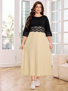 Lacomfia Große Größen Sommer Elegantes Farbblock Patchwork Kleid - Verschiedenfarbig - Übersicht 3