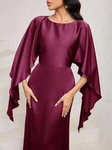 Veilorie 女士优雅摩卡棕色圆领斗篷袖鱼尾下摆缎面长裙 - 藕粉色 - 查看 6