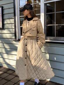 Livesso Women's Padded Coat, Windbreaker Style Rhombus Pattern Loose Solid Color Long Coat, Autumn/Winter - Khaki - View 6