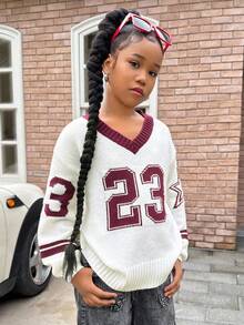 SHEIN 少女休闲舒适数字图案V领宽松针织衫，秋冬毛衣，数字图案毛衣，学院风母女装（两件分开出售），Y2K秋季棒球衫