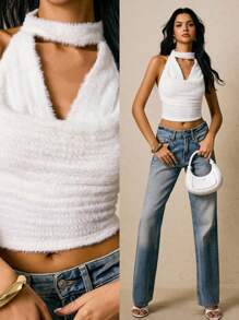 Poéselle 白色吊带背心，翻领上衣，垂领上衣，毛绒针织露脐吊带短款上衣，颈圈领口 | 柔软绒毛无袖背心，毛绒露脐上衣，白色吊带背心，绒毛针织上衣，冬季外出上衣，柔软针织背心，休闲简约纯色性感吊带上衣，适合日常穿着、外出、通勤、约会、婚礼、派对、度假等各种场合，秋季女装 - 白色 - 查看 3