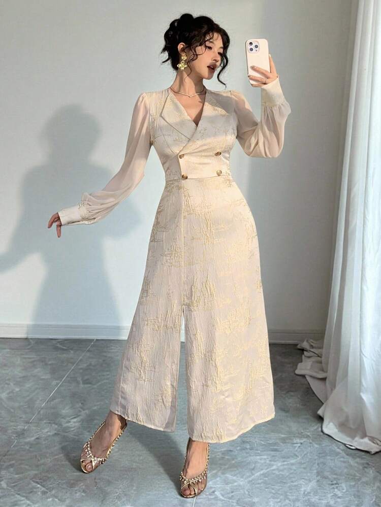 Women's Solid Color Criss-Cross Wrap Double-Breasted Slit Midi Dress