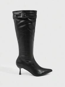 CUCCOO SZL 女士时尚性感尖头细高跟中筒靴，黑色套脚 - 黑色 - 查看 3