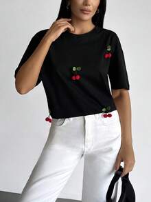 SHEIN Maglietta a tinta unita con dettagli di ciliegie