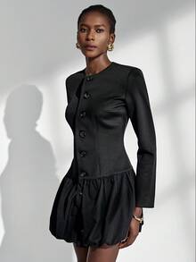 Vestido negro clásico Almamuse-D, diseño de cintura de cuello redondo y abotonadura sencilla, vestido de mujer de moda retro, primavera/otoño