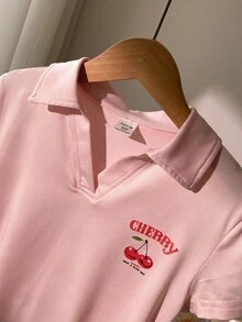 青少年女孩休闲樱桃印花褶皱 T 恤，夏季 - 淺粉色 - 查看 5