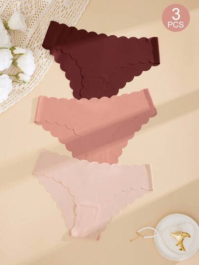 SHEIN 3pcs Casual-Comfy Women's Seamless Solid Color Wavy Trim Panties