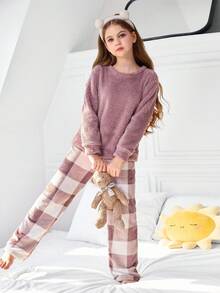 SHEIN 女童毛绒圆领长袖格子裤睡衣套装，冬季