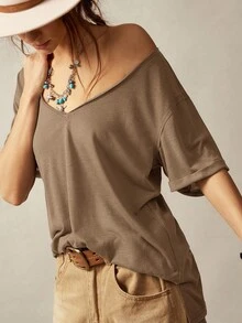 Bohemela Women's Casual Solid Color V-Neck Short Sleeve Loose T-Shirt