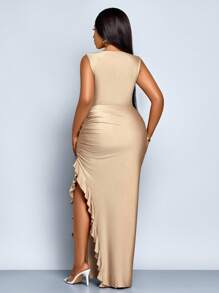 SOLERSUN 大码女装秋冬时尚性感无袖心形领，胸前扭腰镂空褶边荷叶边侧高开衩超长连衣裙，杏色纯色针织面料，腰包臀褶皱派对连衣裙，鸡尾酒会连衣裙，约会连衣裙，节日连衣裙 - 卡其色 - 查看 2