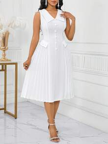 SHEIN Lady Women Summer Elegant White V-Neck Pleated Patchwork Midi Dress For Wedding Guest - White - View 6