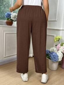 EMERY ROSE Pantalones entallados de algodón de unicolor con bolsillo y lazo en la cintura para mujer de talla grande - Marrón Chocolate - Ver 2