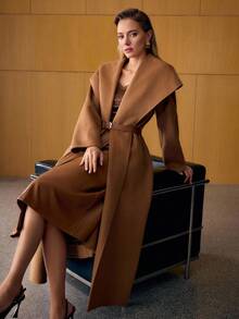 MOTF PREMIUM 羊毛配腰带翻领大衣，秋冬 - 駝色 - 查看 7